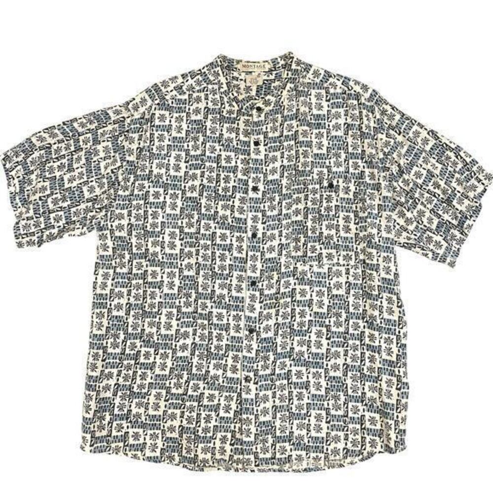 Vtg 90s Button Up Mens XL 100% Silk Band Collar Batik Print Cabana Resortwear‎